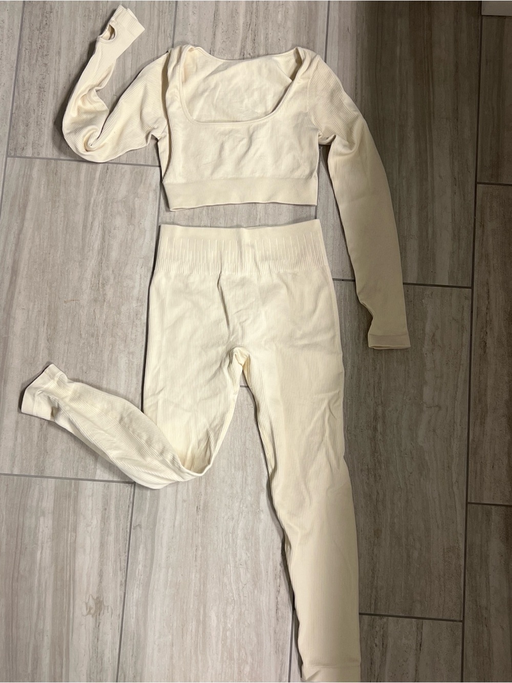 Ribbed Two-Piece Cream Lounge Set - Long Sleeve Crop & High-Waist Leggings